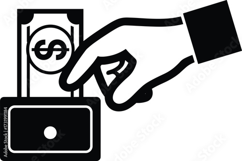 Hand inserting dollar bill into a slot on a white background business cash