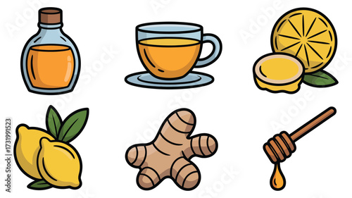 Vector art of home remedy icon set includes honey, lemon, ginger, and tea for natural health and wellness concept