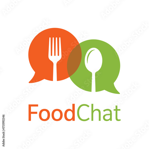 Two overlapping speech bubbles with a fork and spoon inside, and the text Food Chat communication conversation