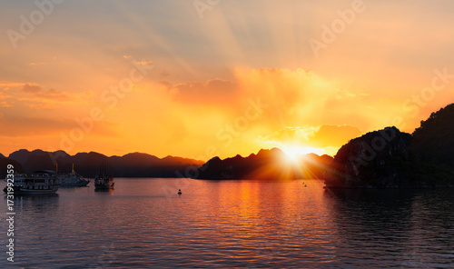 Sunset In The Morning On The harbour In Ha long Bay In Vietnam