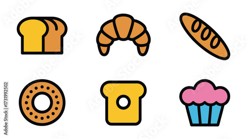 Vector art of collection of baked goods, including bread, croissant, baguette, donut, toast, and cupcake for bakery or cafe menu