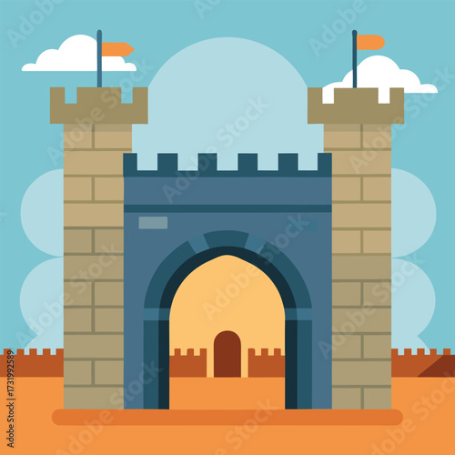 A detailed illustration of a castle gate featuring two flags, symbolizing strength and heritage.
