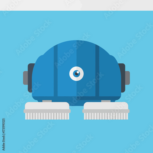 Illustration of a blue robot vacuum cleaner with brushes on a blue background.