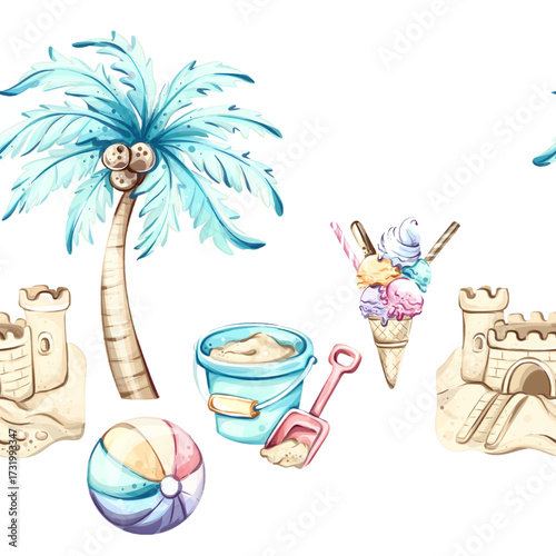 Summer beach fun seamless pattern background wallpaper featuring palm trees, ice cream, sandcastles, beach toys, and cheerful holiday vibes for commercial use