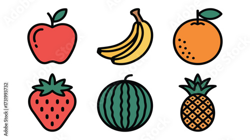 Vector art of assortment of colorful fruit icons including apple, banana, orange, strawberry, watermelon, and pineapple