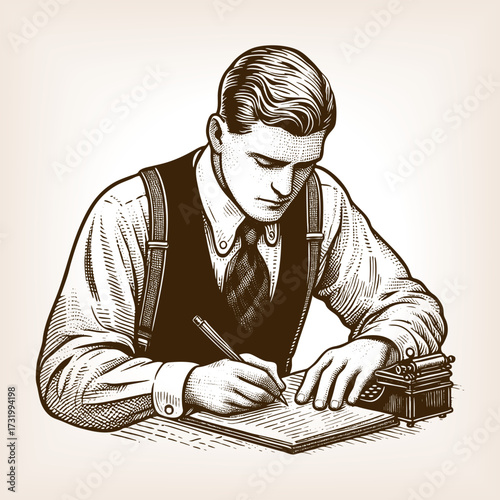 man in a suit concentrating while writing with a pen on a sheet of paper sketch engraving generative ai fictional character vector illustration. Scratch board imitation. Black and white image.