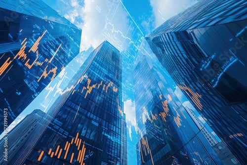 Upward perspective of skyscrapers with stock chart overlay, symbolizing finance and growth