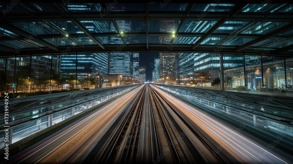 Obraz premium Nighttime city skyline above glass-ceiling subway platform, speeding train below with contrasting lights