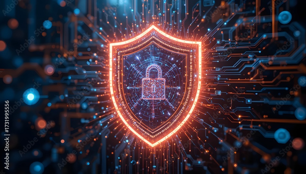 Fototapeta premium Cybersecurity shield with glowing padlock protects sensitive data in digital network, offering robust defense and peace of mind against cyber threats