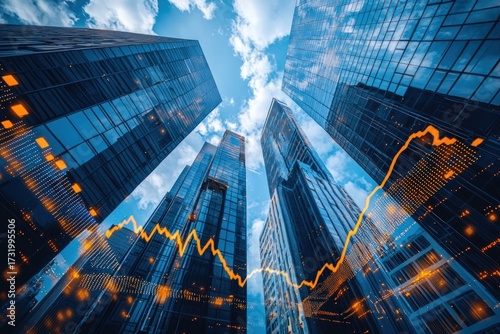 Low-angle shot of tall skyscrapers against a cloudy sky, overlaid with a rising stock market graph