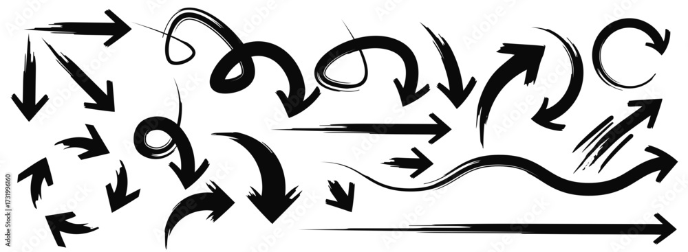Naklejka premium A large collection of hand-drawn vector arrows in a creative brush stroke style. This diverse set of doodle pointers is perfect for annotations