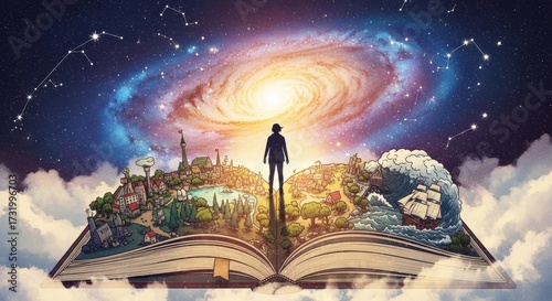 Silhouette of a man standing on an open book creating a fantasy world under a galactic night sky. Imagination and storytelling concept.