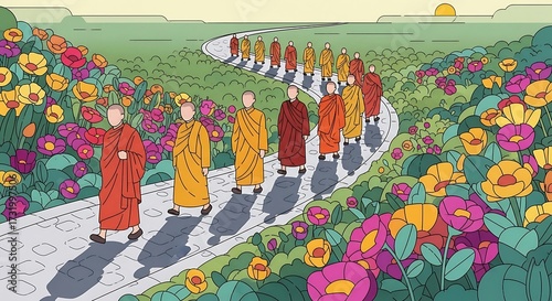 Tapety artystyczne Buddhist monks walk road.