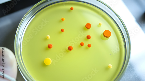 Petri dish showing antibiotic resistance testing with clear zones where bacteria have been inhibited