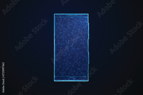 A futuristic digital illustration of a smartphone rendered in a low-poly wireframe style.