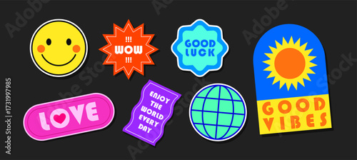 Retro sticker including smile emotion, wow message, sunburst, good luck word badge in funky comic for 60s 70s 80s 90s trendy pop clip art label. Colourful vibes shape graphic playful deco collection.