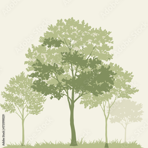 Silhouette of several trees with varying shades of green, set against a light background.