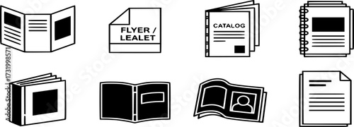 



Brochure icon set. Flyer leaflet, catalog, booklet, magazine, and letterhead icons vector illustration