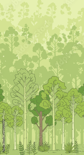 An illustrative depiction of a vibrant deciduous forest with a mix of green and autumnal trees, showcasing the beauty of nature.