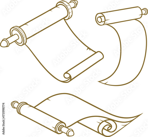 Vintage scroll set in elegant line art style with rolled parchment designs, perfect for antique decoration, historical artwork, and creative graphic illustration projects.