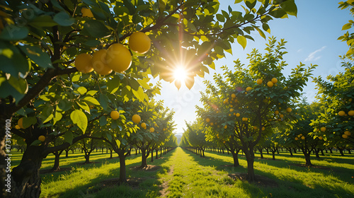 Sunlit lemon trees in a vibrant orchard.