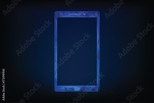 A futuristic digital illustration of a smartphone rendered in a low-poly wireframe style.