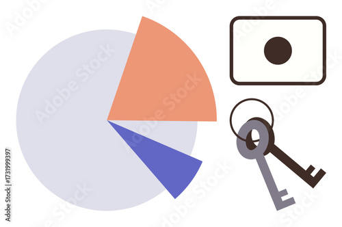 Pie chart showcasing data analysis, keys symbolizing security and access, and ID card for identity representation. Ideal for finance, analytics, access control, identity, security, research