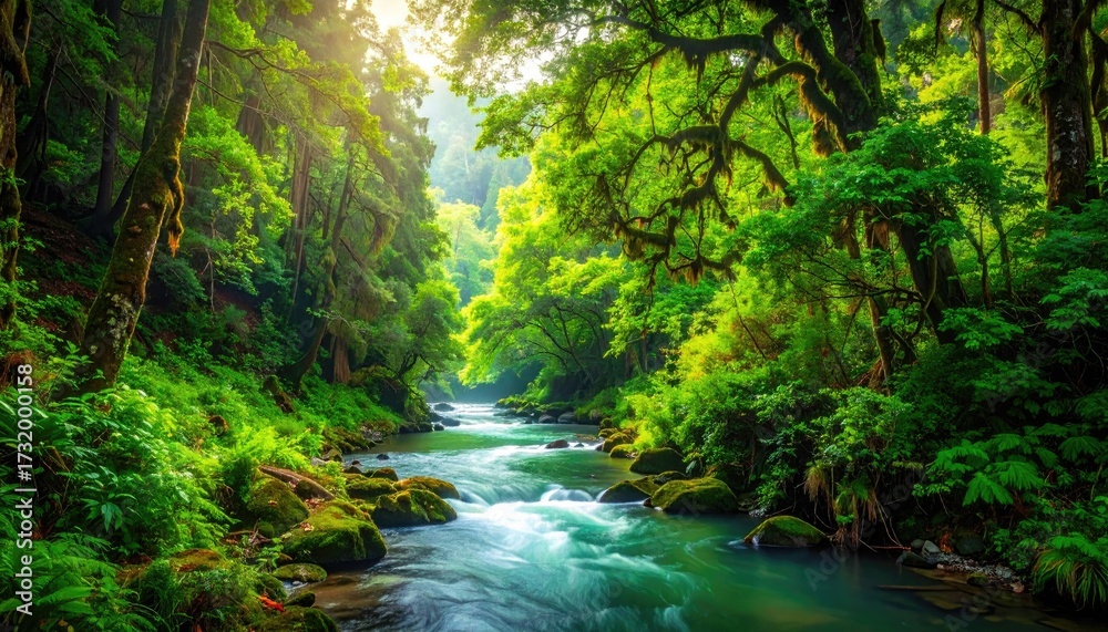 Obraz premium Lush jungle river flowing through a verdant canyon. Sunlight filters through dense foliage