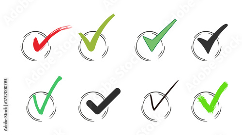 Vector illustrations of yes and no check mark icons are correct success symbols for voting and choice agreement