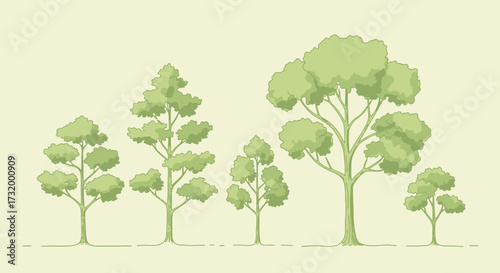 A diverse set of stylized green trees illustration, featuring various shapes and sizes. Ideal for eco-friendly graphic design, environmental projects, and clean natural background elements