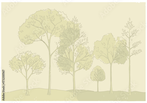 Stylized Trees in a Forest Landscape with Neutral Tones for a Calming Effect