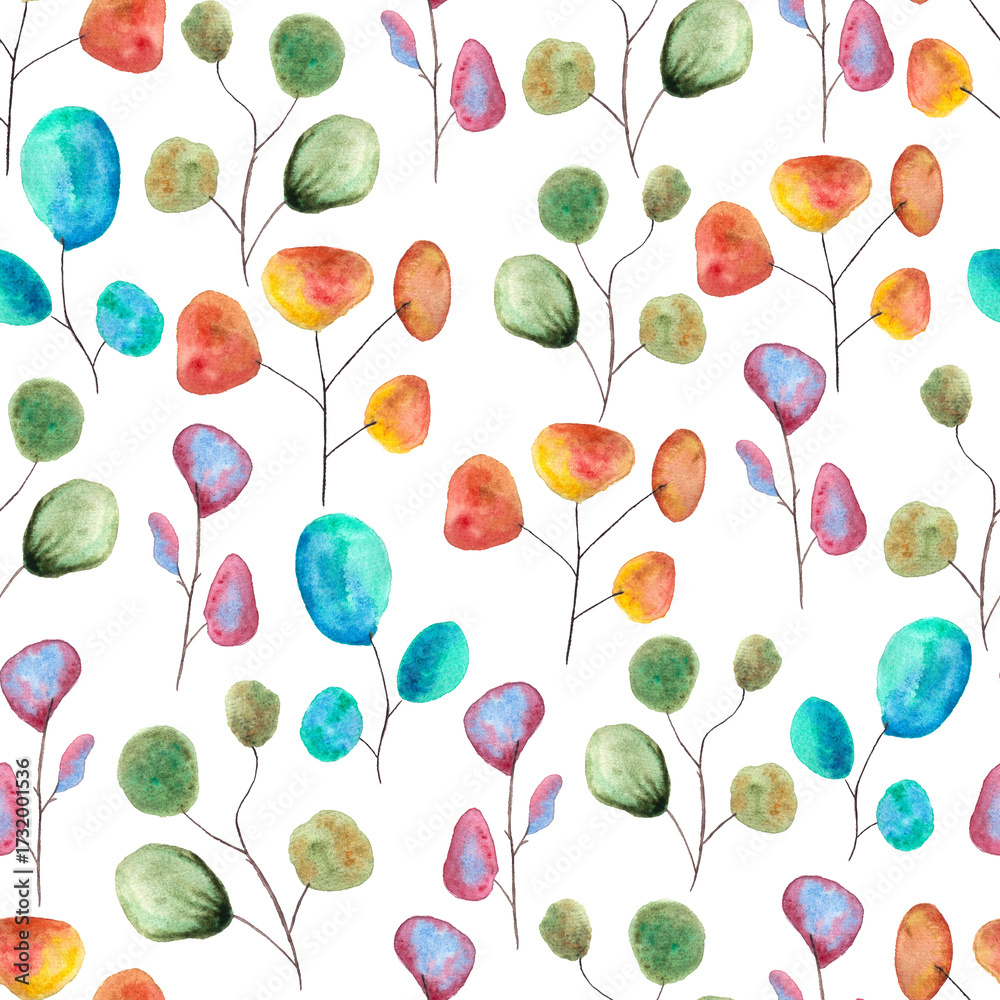 Fototapeta premium multicolored eucalyptus watercolor leaves on white background, hand drawn, seamless pattern