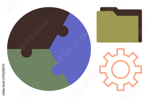 Puzzle globe, gear, and folder emphasize collaboration, organization, and problem-solving. Ideal for teamwork, innovation, technology, sustainability global strategy data management simple flat