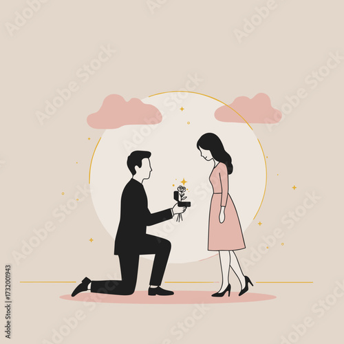 Man proposing to woman with ring in minimalist style illustration  