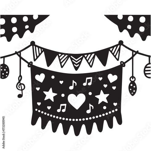 Silhouette festival decoration featuring stars, hearts, musical notes, and hanging ornaments.