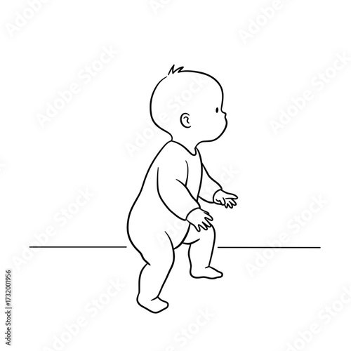 Baby standing and reaching out with arms in minimal line art style  