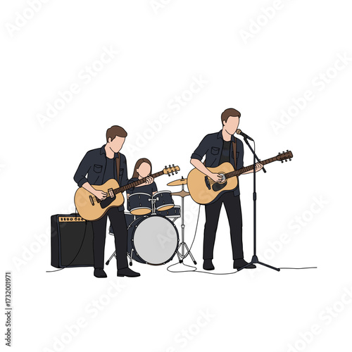 Music band performing on stage with guitars and drums  
