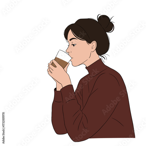 Young woman drinking coffee while relaxing in casual attire  