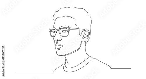 Line drawing of a young man wearing glasses in profile view  