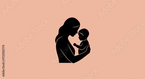 Mother holding baby in loving embrace on soft pink background  