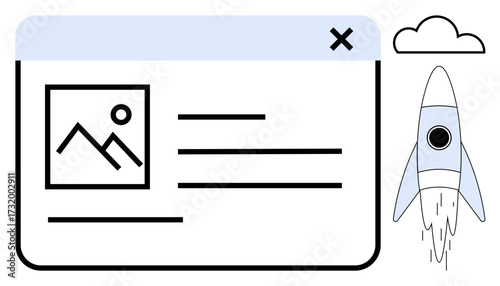 Webpage layout with image and text details beside a launching rocket. Ideal for innovation, startup, technology, progress, growth, development, web design. Simple flat metaphor