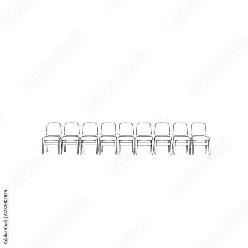 Eight simple chairs arranged in a row on white background  