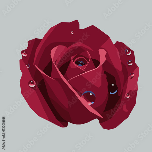 Red rose with water droplets on a soft grey background  