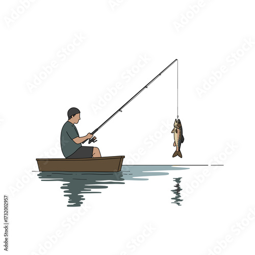 Man fishing from a boat in calm water catching a fish  