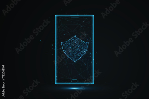A futuristic digital illustration of a smartphone rendered in a low-poly wireframe style.