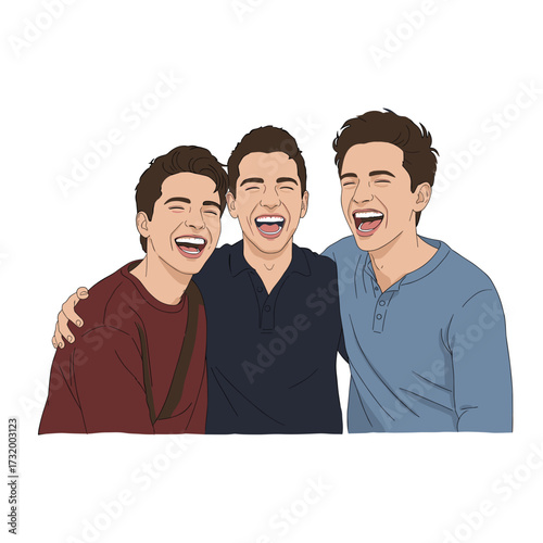 Three young men laughing together in casual clothing with smiles  