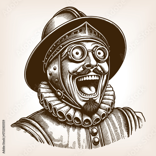knight, captured with exaggerated laughing expression sketch engraving generative ai fictional character vector illustration. Scratch board imitation. Black and white image.