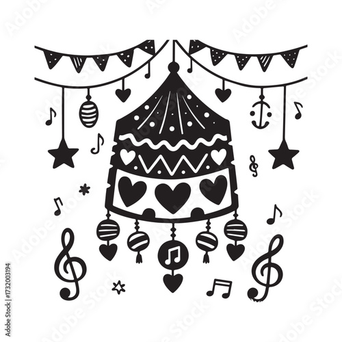 Silhouette festival decoration featuring stars, hearts, musical notes, and hanging ornaments.