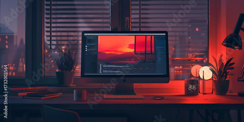 Creative workspace illuminated by warm ambient light and city glow at dusk
