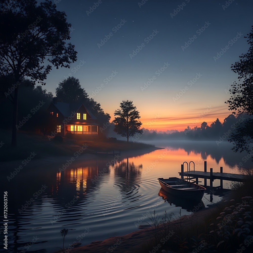 Fototapeta premium Serene Lakeside Cabin at Dawn.